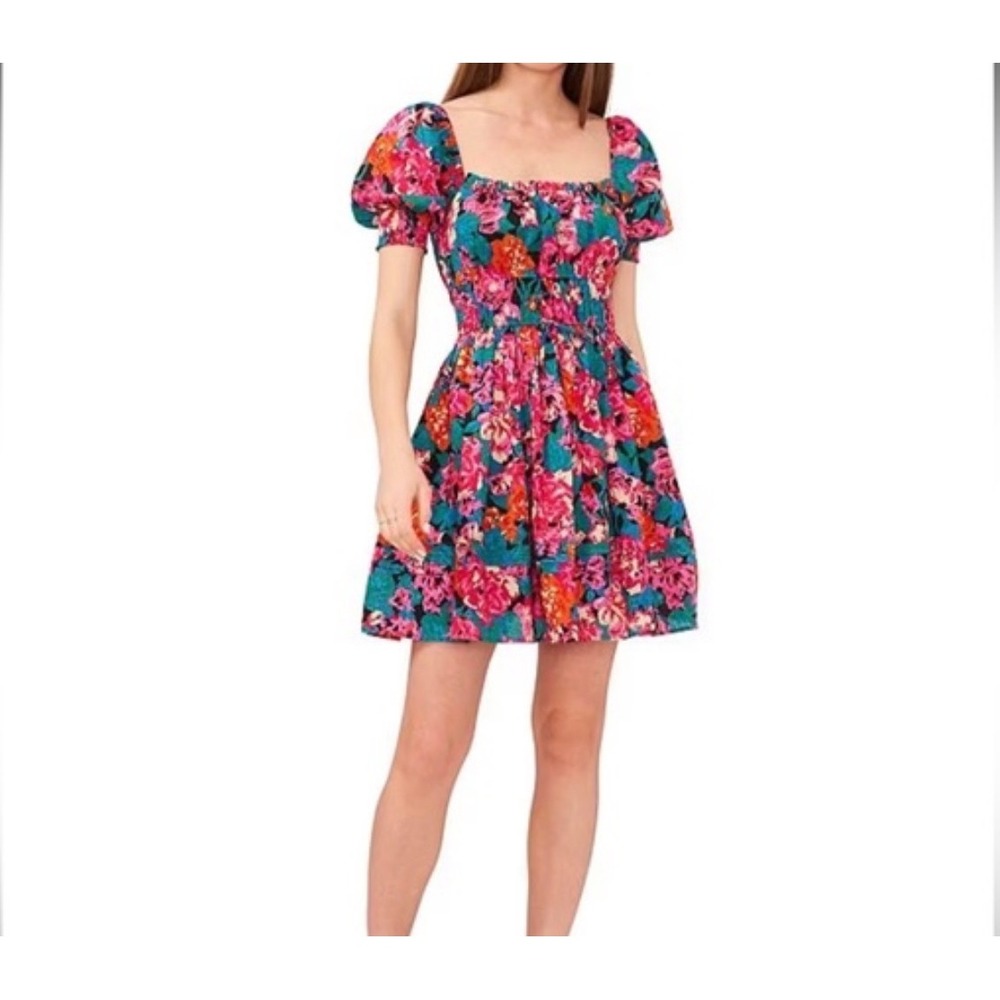 Chelsea & Violet Women Mini Dress L Pink Floral Puff Sleeve Smocked Cottagecore